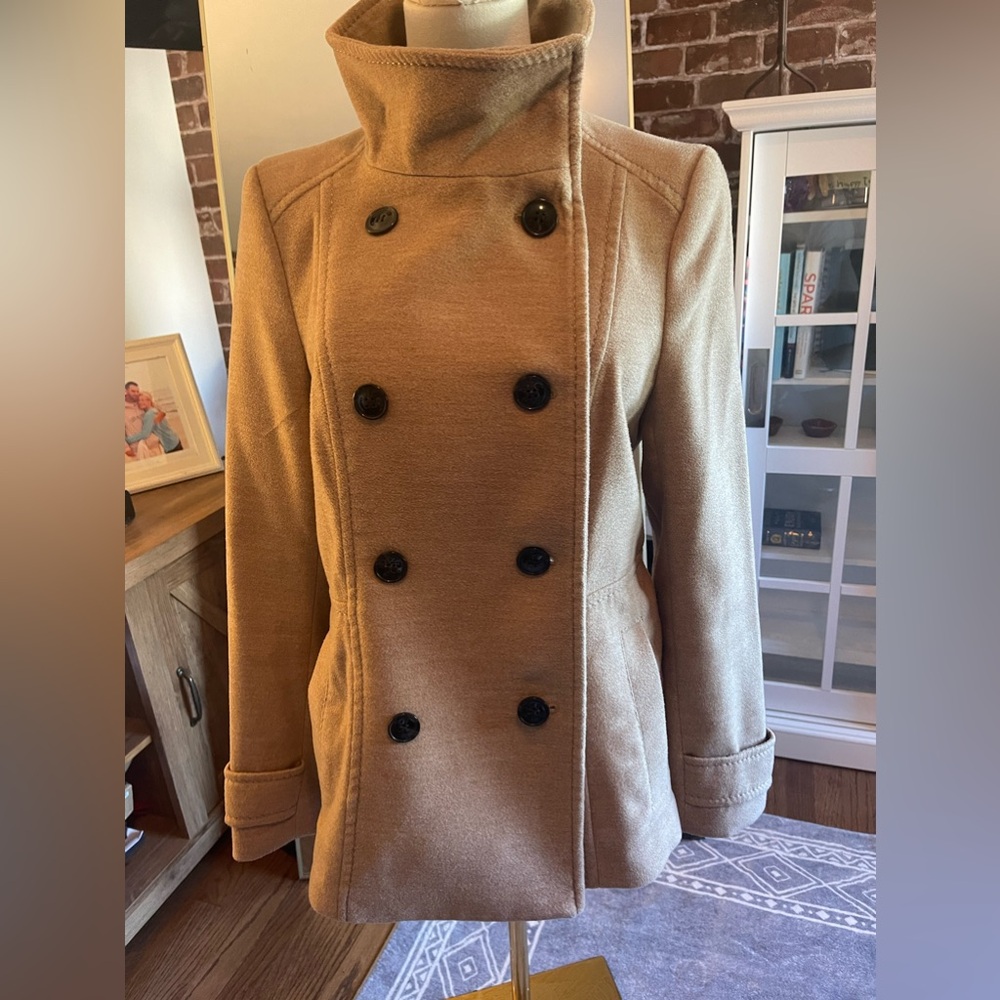 Double Breasted and Soft Tan Peacoat - Sz 6